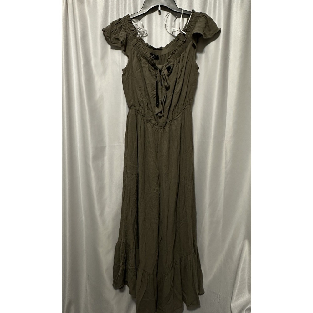 Lulus Pants Romper Womens Size Lg Ruffle Flutter Sleeve Rayon Boho Jumpsuit Gree